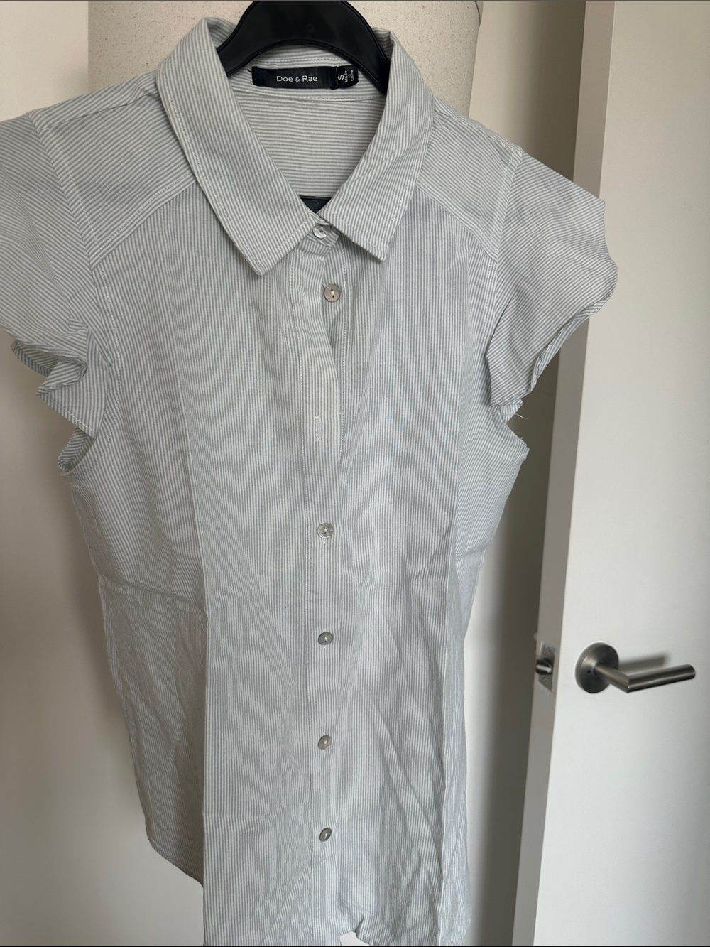 Doe & Rae white and mint color Pinstripe Cap-Sleeve Button Shirt